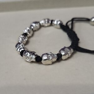 Men's Silver Skull Bracelet with Black Cord